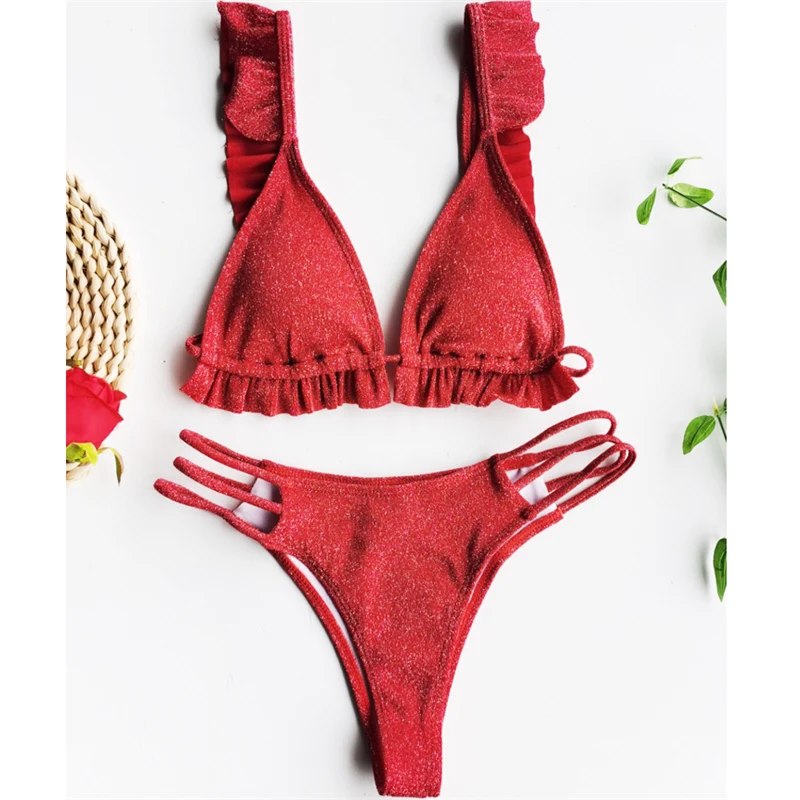 GNIM Ruffle Bikini Swimwear Women Push Up 2020 Sexy Solid Brazilian Swimsuit Two Pieces Backless Swimming Suit For Women Biquini