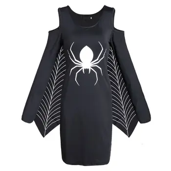 

Women Halloween Long Sleeve Midi Dress Cold Shoulder Spider Web Cosplay Costume 24BC