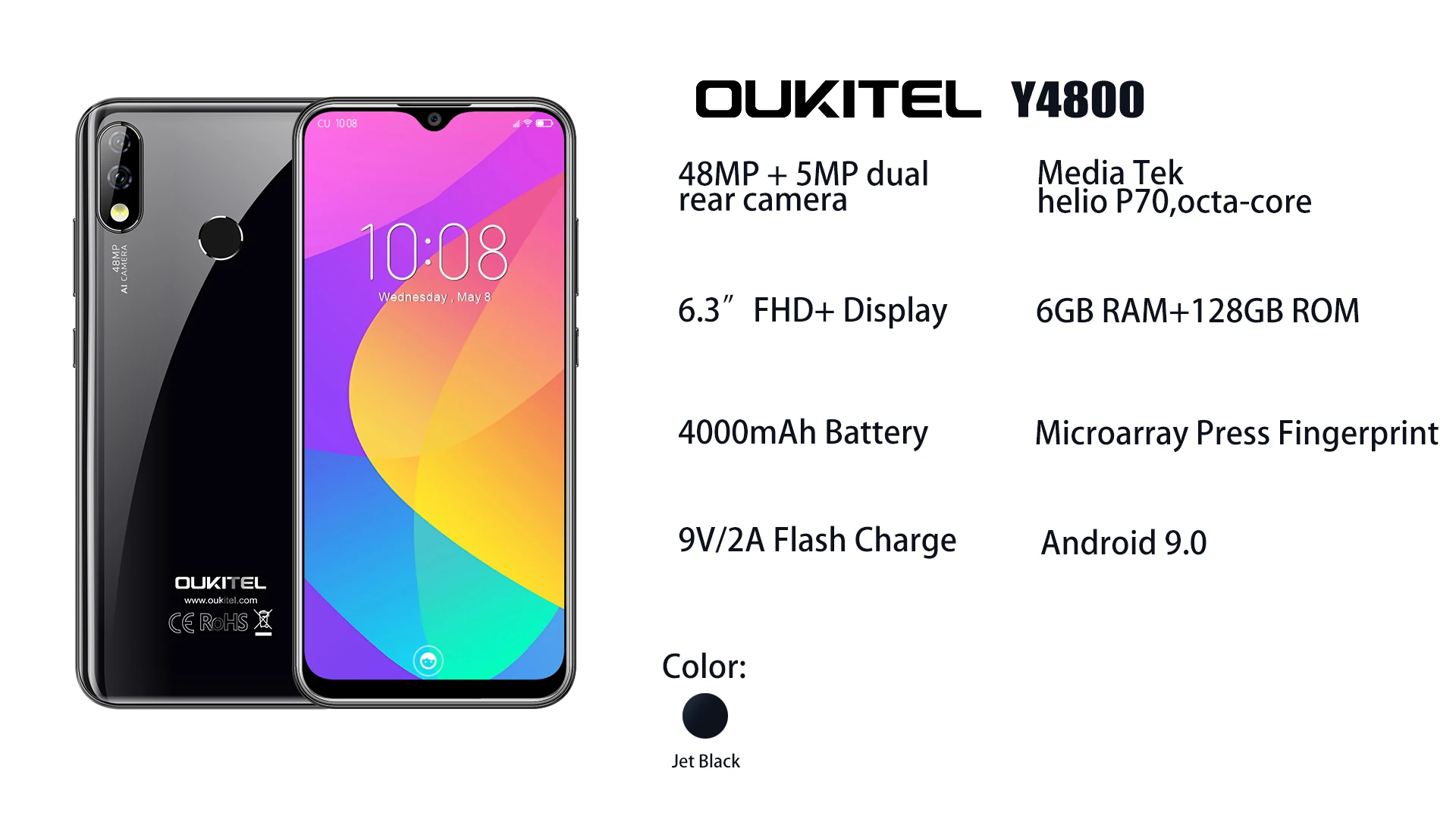 Мобильный телефон OUKITEL Y4800 6,3 "19,5: 9 FHD + Android 9,0, четыре ядра, 6 ГБ ОЗУ, 128 Гб ПЗУ, отпечаток пальца, 4000 мА/ч, 9 В/2 А, смартфон для распознавания лица