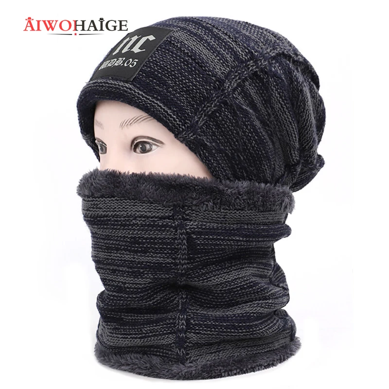 

2019 new 2 Pieces Set Thicken Hedging Cap NC Sign Men Women Knitted Wool Hat Casual Bonnet Plusign Spring Autumn Winter Beanie