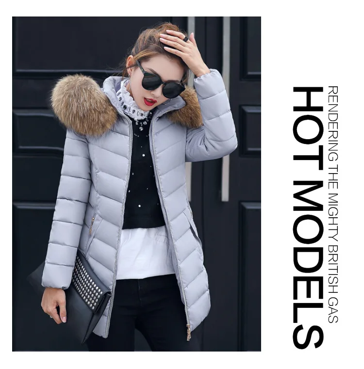 Зимний корейский стиль, Новая женская хлопковая стеганая одежда, Женская приталенная куртка средней длины с хлопковой подкладкой, большой меховой воротник, пуховик