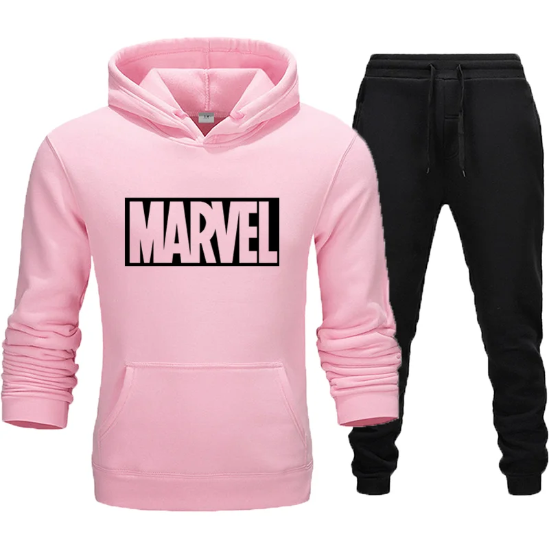 Простой модный мужской костюм с принтом Marvel, спортивный костюм, мужской спортивный костюм, флисовая плотная толстовка с капюшоном+ штаны, спортивный костюм, Азиатский размер - Цвет: pink