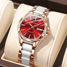 

JSDUN New Luxury Fashion Red Dial Women's Rose Gold Stainless Steel Ceramics Strap Women Watches Mechanical Automatic Watch 8821