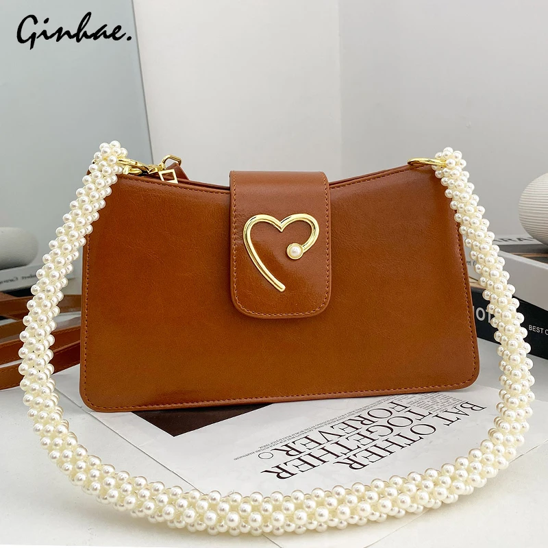 

Pearl Top Handle Bag Elegant Crossbody Bag With Heart-Shaped Decoration Leather Purses Luxury Handbag Women Retro Shoulder Bag
