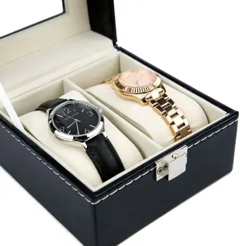 

2 Slots Black PU Leather Watch Box Transparent Top Square Watch Display Gift Case Jewelry Organizer with Pillow Cushion