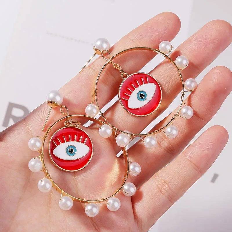 Boucles d'oreilles Vintage mauvais œil rouge, Imitation de perles pour femmes, grand cercle en or, cœur, pendentif, bijoux Boho, 2019