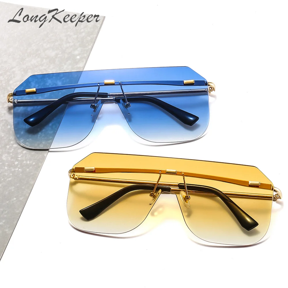 

LongKeeper Blue Oversized Rimless Sun Glasses Men Women One Piece Lens Falt Top Sunglasses Ladies UV400 gafas de sol mujer