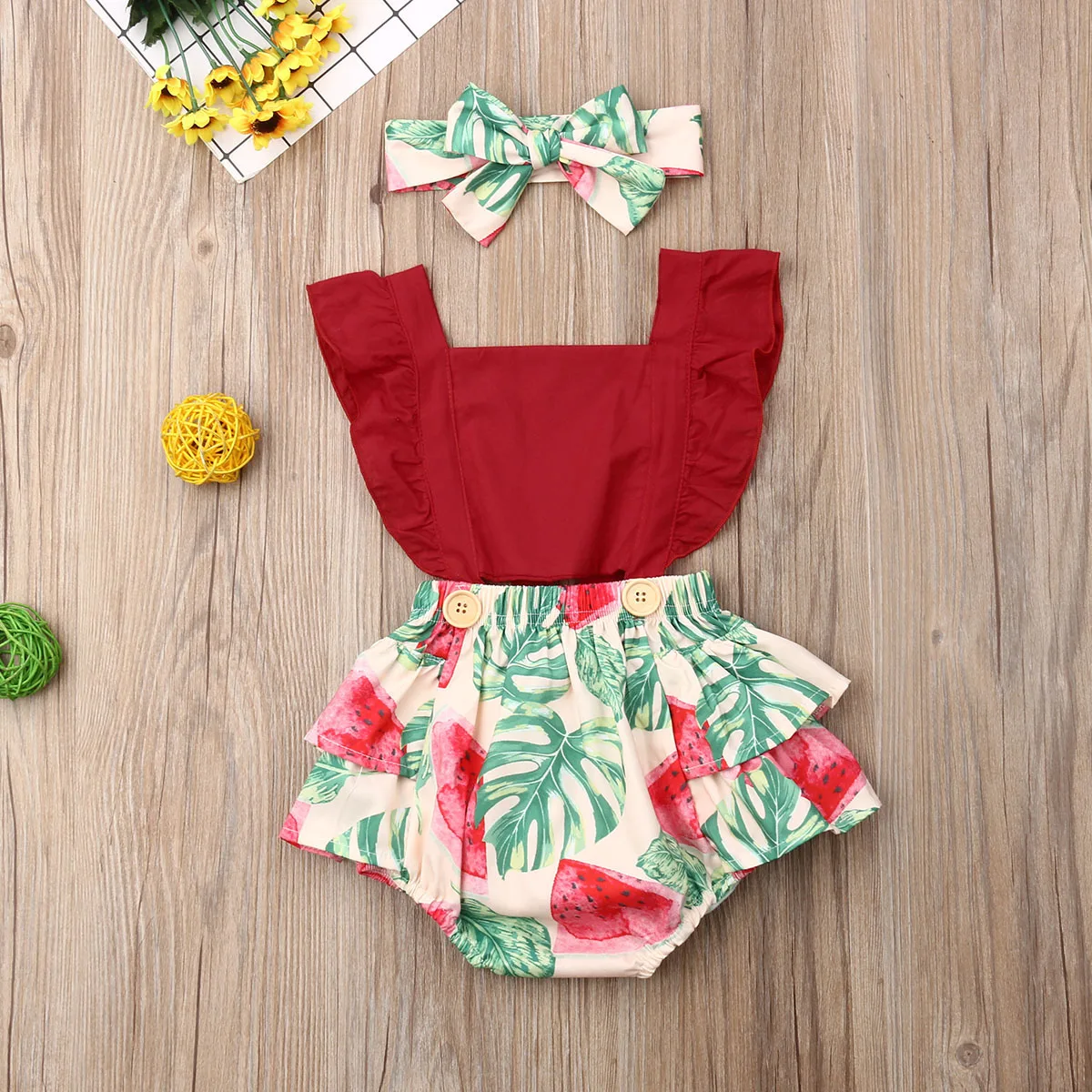 Комплект детской одежды из 2 предметов для маленьких девочек цветочный боди комбинезон с повязкой на голову одежда, летняя одежда