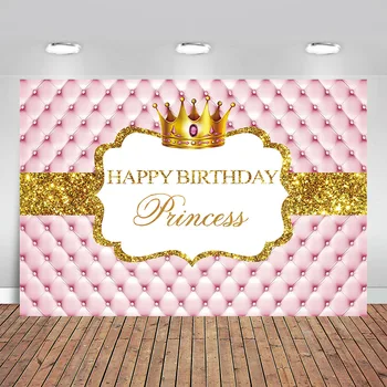 

Happy Birthday Princess Pink Golden Crown Photographic Backdrop Photography Background for Photo Studio Props Party Banner