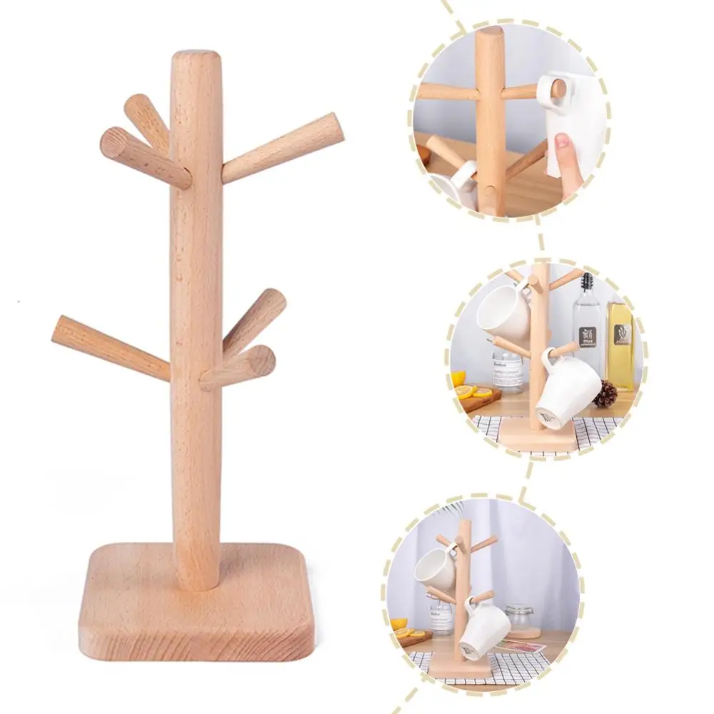 

Natural Wooden Mug Tree Cup Drainer 6-Hook Cups Rack Home Organizer Storage Rack