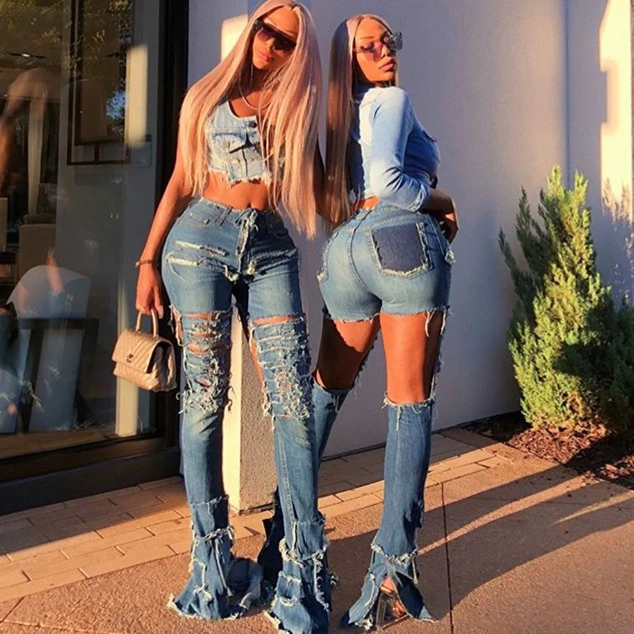 

Hollow Out Ripped Jeans For Women High Waist Stretch Bootcut Jeans Vintage Denim Flare Pants Tassel Slim Distresses Beggar Jean