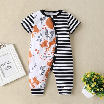 

Summer Jumpsuit Baby Kids Girl Boy Short Sleeve Cotton Striped Cartoon Fox Printing Round Neck Splicing Rompers 3-18M