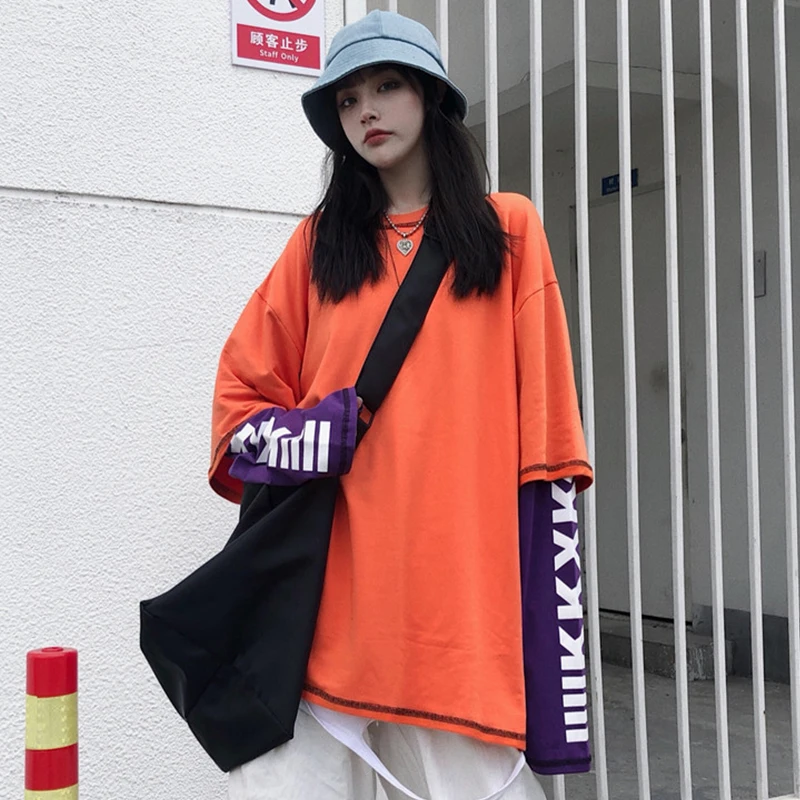 Woherb Harajuku поддельные 2 шт. футболки женские топы с принтом букв лоскутное Корейский Modis свободные весна осень леди футболка
