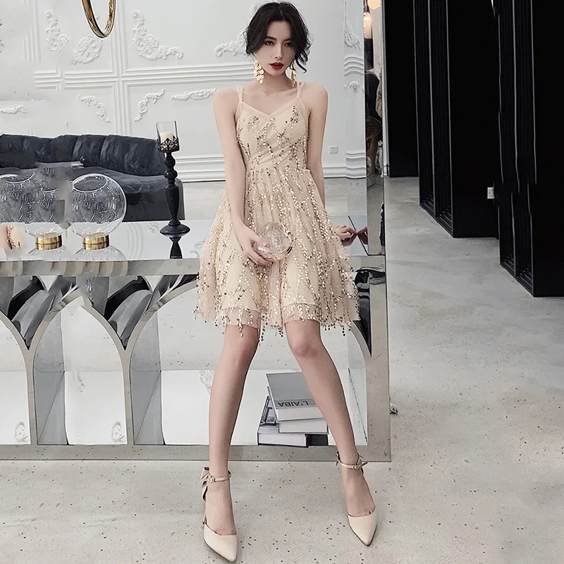 Платье для выпускного вечера, золотое, блестящее, расшитое блестками, а-силуэт, элегантное платье для выпускного вечера с v-образным вырезом, без рукавов, вечерние платья на бретельках для женщин, Vestidos De Gala K158