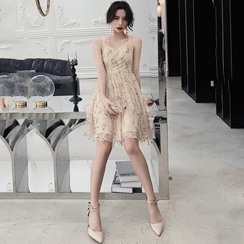 

Prom Dresses Gold Shiny Sequined A Line Elegant Prom Dress V-Neck Sleeveless Formal Gowns Sling Women Vestidos De Gala K158