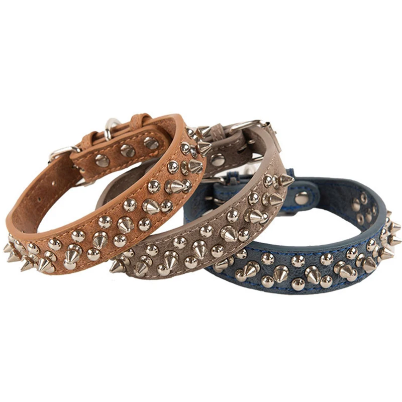 Spiked Rivet Collar for Small Medium Large Dogs Cats Matter Real Leather Adjustable Length Safty Durable Pet Studded Leash Lead