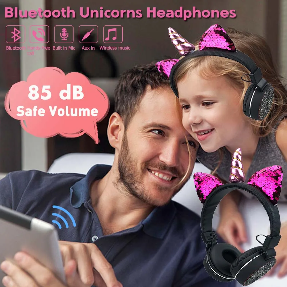 JINSETR Bluetooth Cat Ear Kids Headphone Foldable Stereo Unicorns Headphones Music Player Support Handsfree for Boys and Girls