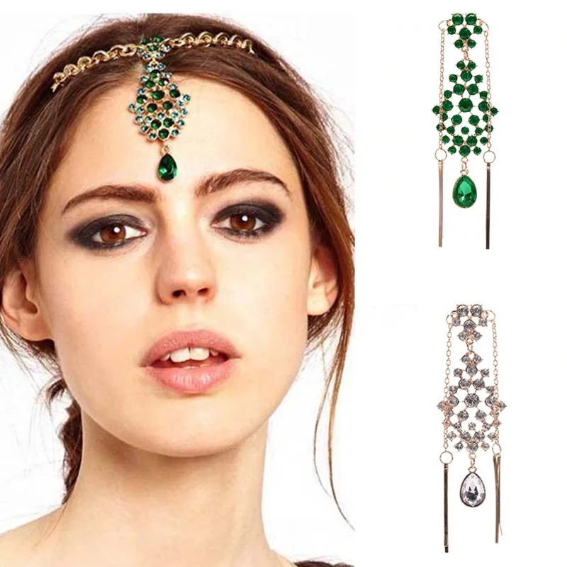 Indian Forehead Jewelry Green White Water Drop Crystal Link Chain