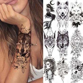 

Coyote Cat Lion Mermaid Temporary Tattoos For Men Kids Women Black Moon Snake Sword Tattoos Sticker Fake Line Art Tatoo Adults