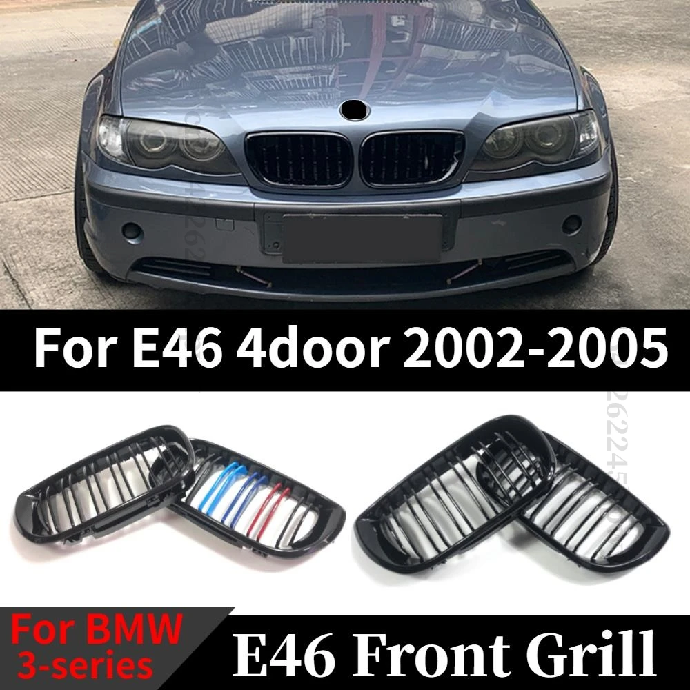 For BMW E46 4 Door 4D 3 Series 2002 2003 2004 2005 318i 320i 325i 330i Grillles Gloss Black Front Kidney Double Slat Grill