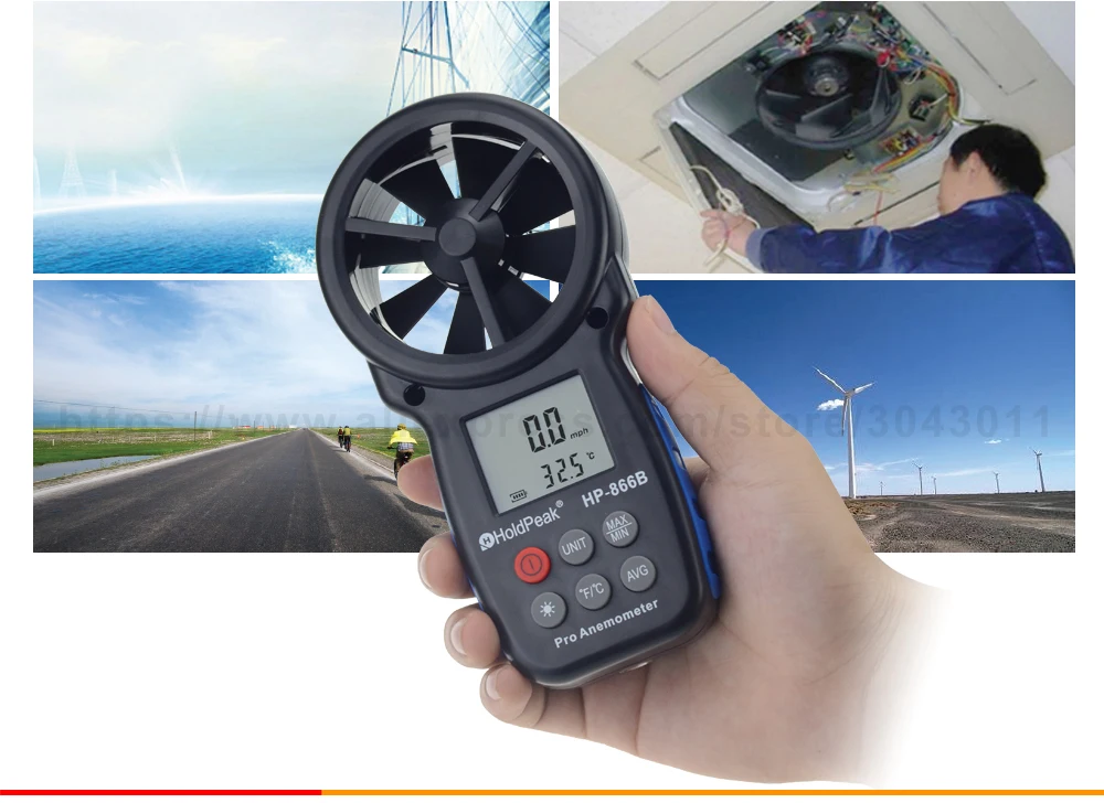 Holdpeak ветромер, датчик скорости ветра, ручной тахометр, HP-866B, цифровой анемометр, измеритель температуры, ЖК-подсветка