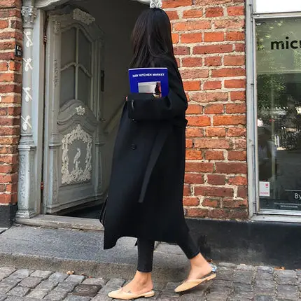 

New Style Black And White with Pattern Woolen Jacket Women's over-the-Knee Long Korean-style Fashion Thick Loose And Plus-sized