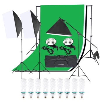 

Andoer Photo Studio Kits 9*135W Photography lights Bulbs Softbox Light Stand Green Photo Backdrop Cantilever Stick Accessories