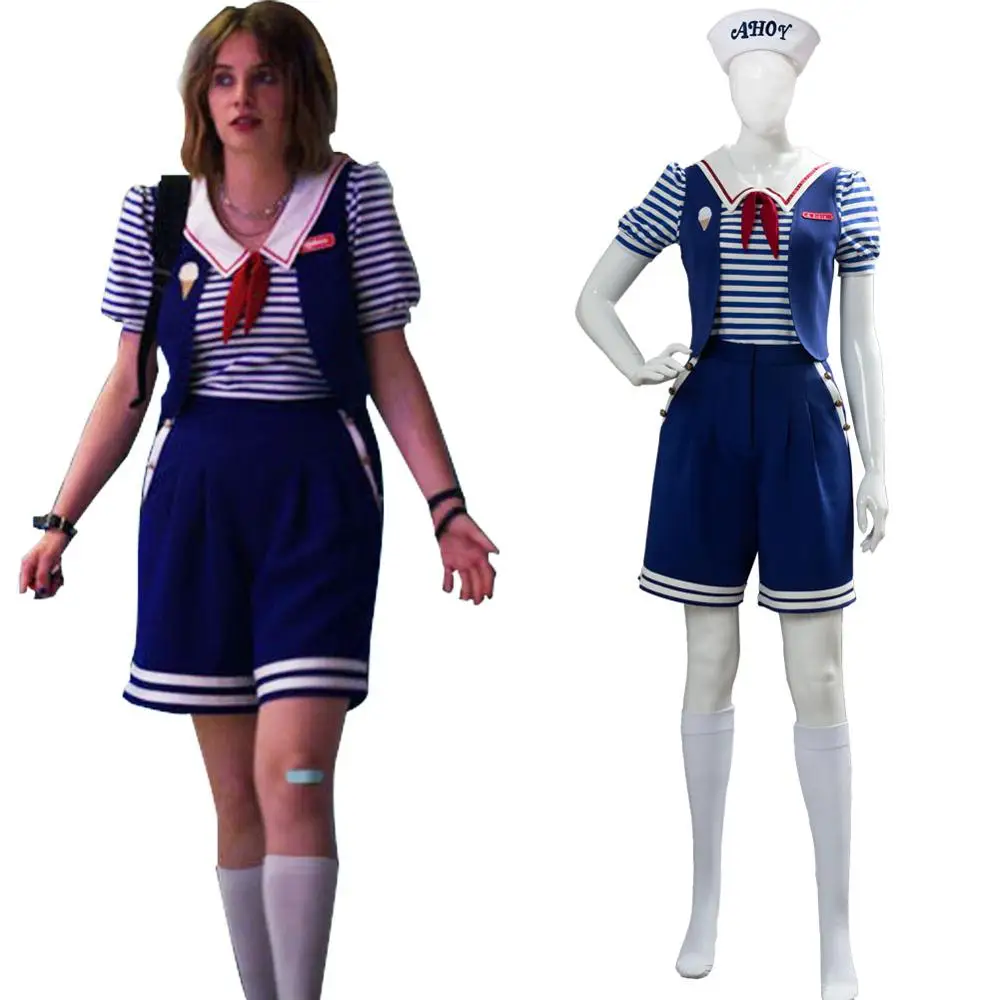 

Stranger Things 3 Cosplay Robin Costume Scoops Ahoy Working Sailor Suit Uniform Hat Adult Halloween Carnival Costume