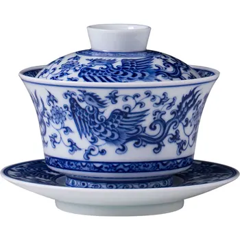 

Hand painted blue and white twined branches Kui phoenix pattern tea bowl handmade Jingdezhen tea set