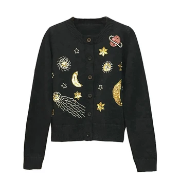 

Spring Autumn Stylish Women All-match Luxury Casual Sweater Single Breasted Stars Beading Stones Black Knitted Sequined Sweater