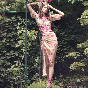 

High Quality Summer New Women'S Fashion Party Casual Sexy Beach Vintage Elegant Chic Embroidered Chiffon Flower Print Midi Dress