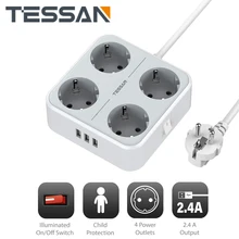 TESSAN Mehrere Steckdosen Power Streifen mit 4 AC Outlets 3 USB Ports, auf/Off Schalter und 1,5 M Verlängerung Kabel Desktop EU Steckdose