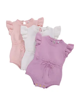 

New 0-24M Infant Baby Girls Romper Clothes Knited Tops 2020 Autumn Winter Solid Color Fly Sleeve Bandage Jumpsuit Outfit