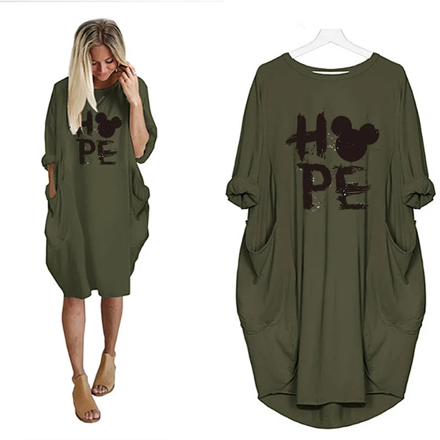 Mickey Mouse Dress for Women Casual Loose Midi Dresses Leopard Print Pocket Vintage Vestido Fall Maxi Clothes Kawaii Robe Femme D002M427 Green