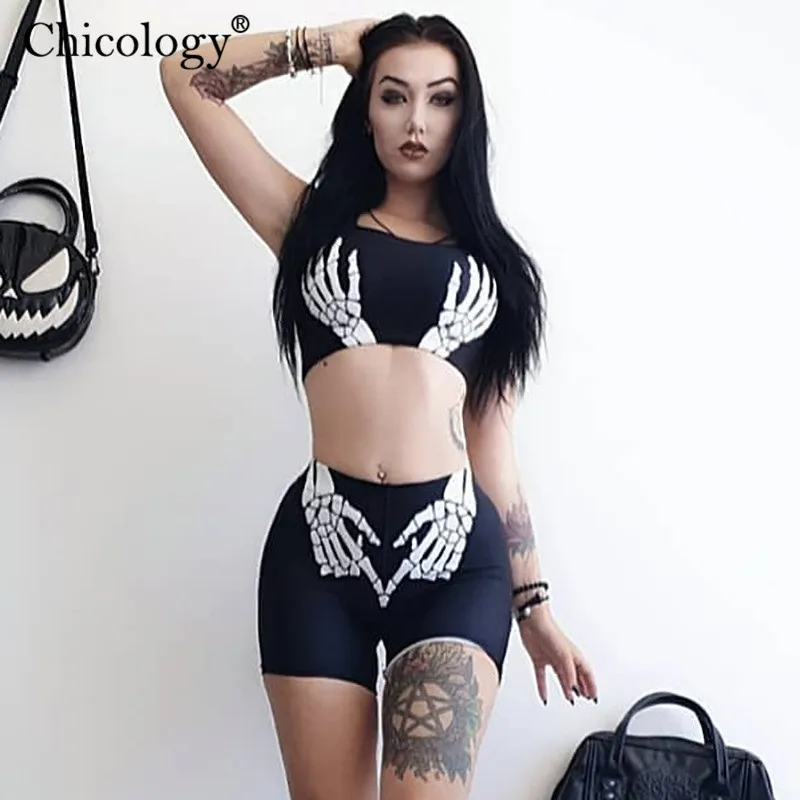 Chicology Готический скелет руки принтом принт укороченный топ на бретелях с высокой талией шортами 2 комплект из двух предметов летнее летний лето осень осеннее женское уличная одежда