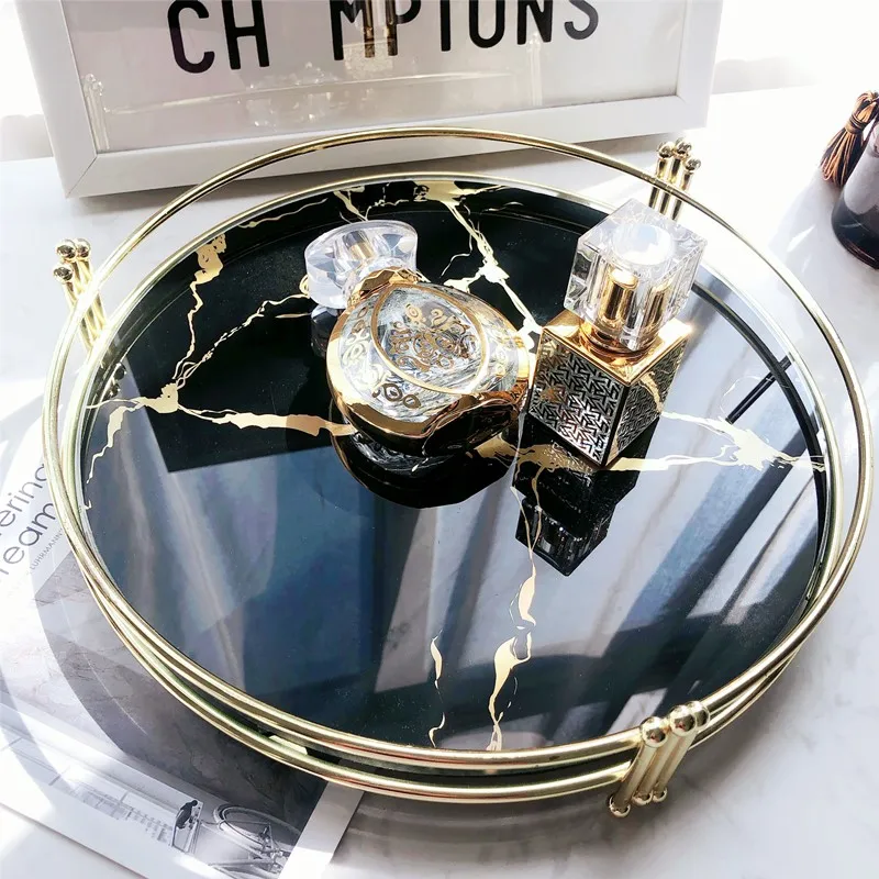

European Marbled Tempered Glass Mirror Tray Cosmetics Jewelry Cup Storage Tray Living Room Coffee Table Desktop Home Decoration