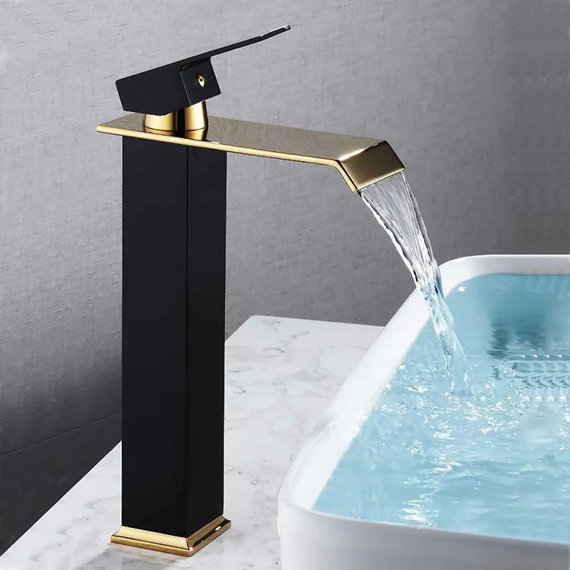 Basin Sink Faucet Black and Gold Brass Waterfall Taps Hot Cold Single Handle Bathroom Crane Mixer Tap | Обустройство дома