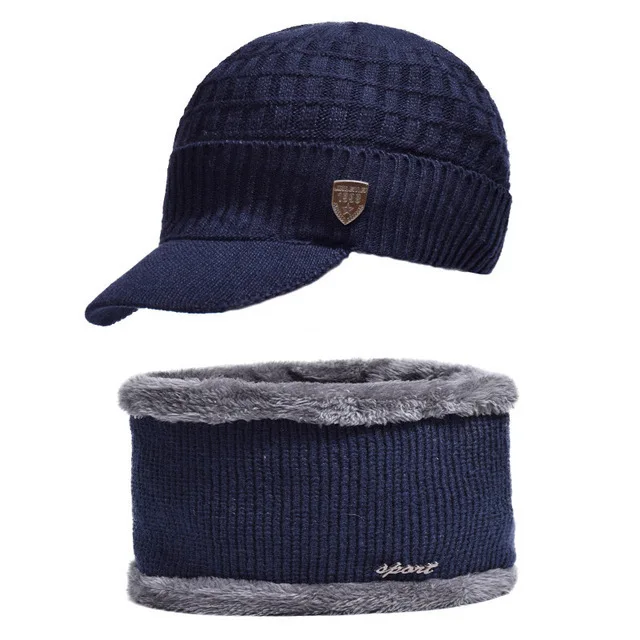 Зимняя Шапка-бини для мужчин, Зимние трикотажные изделия, Шапка-бини для мужчин, Толстая шерстяная шапка-шарф, Балаклава маска, вязаные шапки-бини Gorras - Цвет: BLUE HAT collar