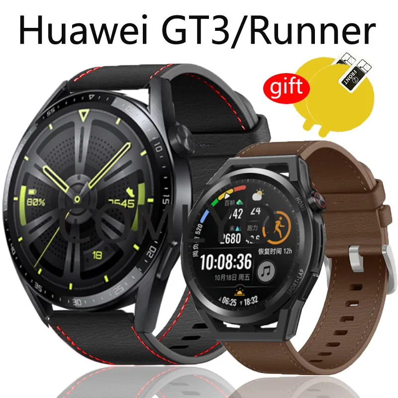 

Leather Band For HUAWEI Watch GT 3 GT3 46mm Runner Strap Smartwatch Bracelet Screen Protector Film Accessories