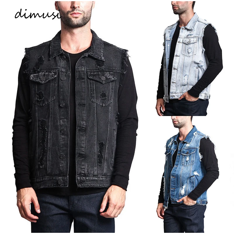 DIMUSI Summer Autumn Vintage Design Men's Denim Vest Male Retro Sleeveless Jackets Casual Ripped Hole Jean Waistcoats Clothing