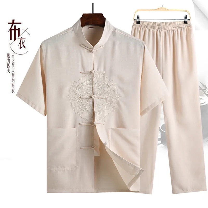 

Men Middle-aged Short Sleeve Chinese Costume Men's Casual Flax Stand Collar Short Sleeve Trousers Cotton Linen Chinese-style Set