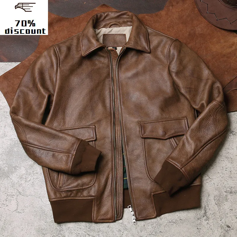 

2020 Dark Brown UASF Pilot Leather Jacket Large Size XXXXL Genuine Cowhide Autumn Slim Fit Military Aviator Leather Coat