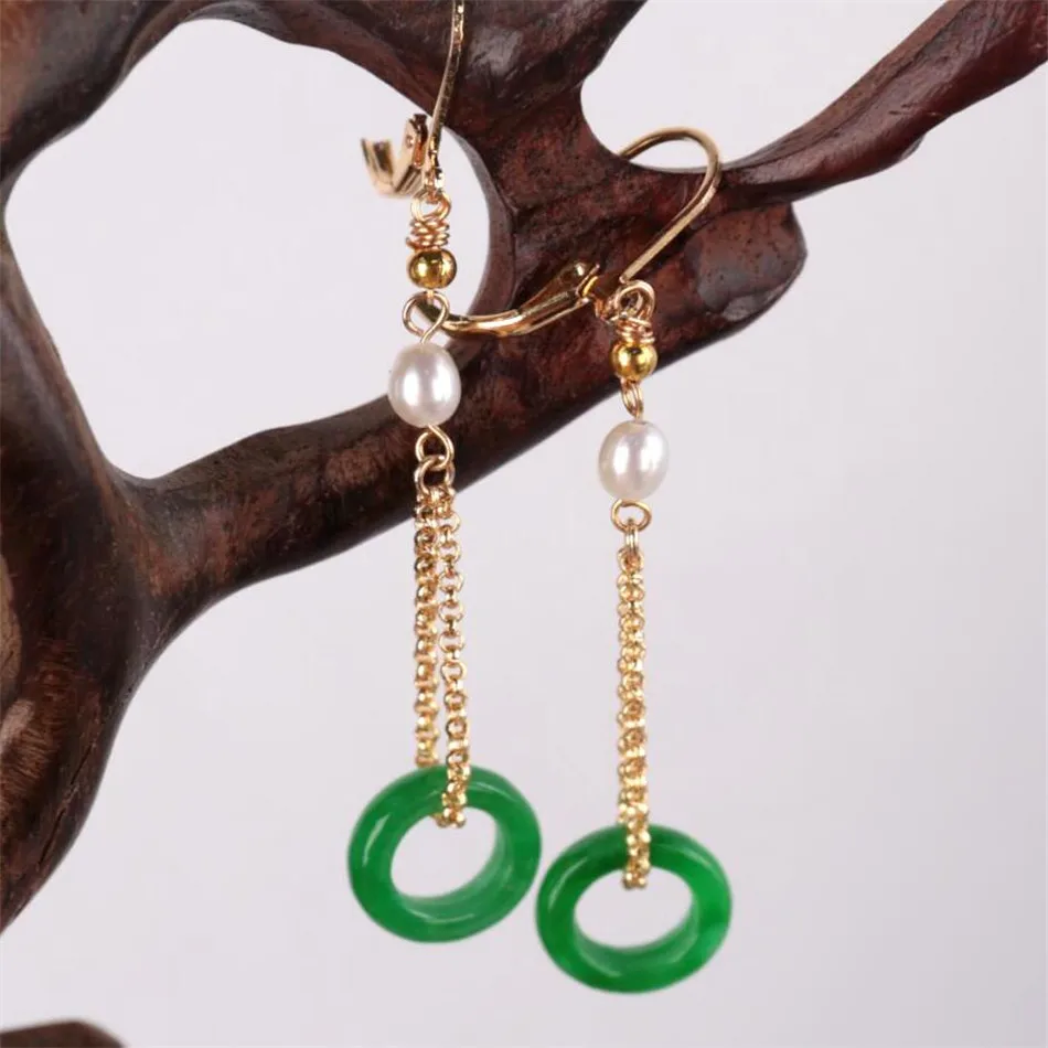 

Natural Green jadeite Pearl Earrings Dangle 18KGP Chain Ms gift Jewelry Gift CARNIVAL Classic Beautiful Ear stud VALENTINE'S DAY