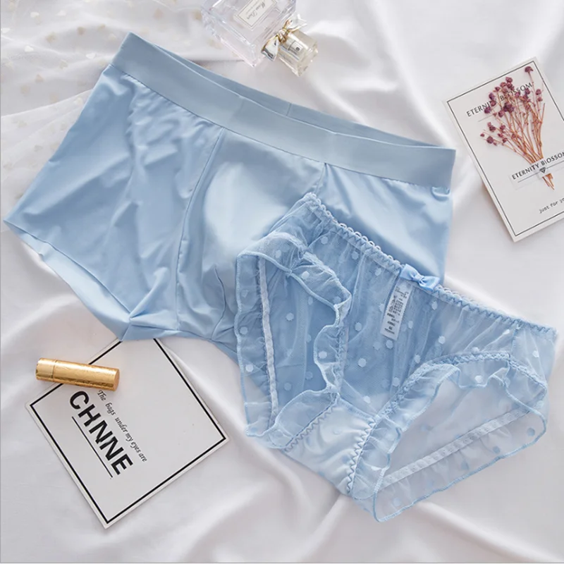 Light Blue Couples Sexy Boxer Shorts Sexy Women Lace Lingerie