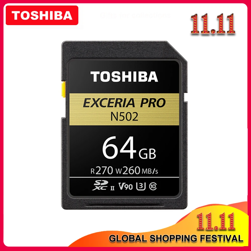 

TOSHIBA SD Card 32GB SDHC U3 64GB 128GB SDXC V90 UHS-II Memory Cards N502 EXCERIA PRO Up to 270MB/s Support 8K video Recording