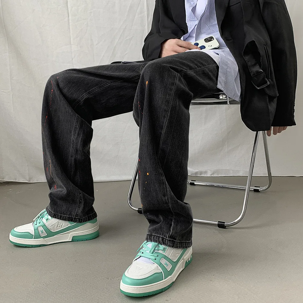 ICCLEK 2021 Fall New Style Lacquer Jeans Men's Wide-leg Straight-leg Pants Autumn High Street Pants Autumn Loose Pants