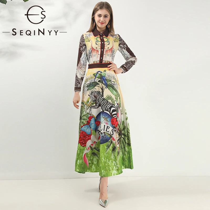 

SEQINYY Long Dress 2020 Summer Spring New Fashion Design Women Animal Flowers Printed Yellow Green Retro Flowers Elegant Dress