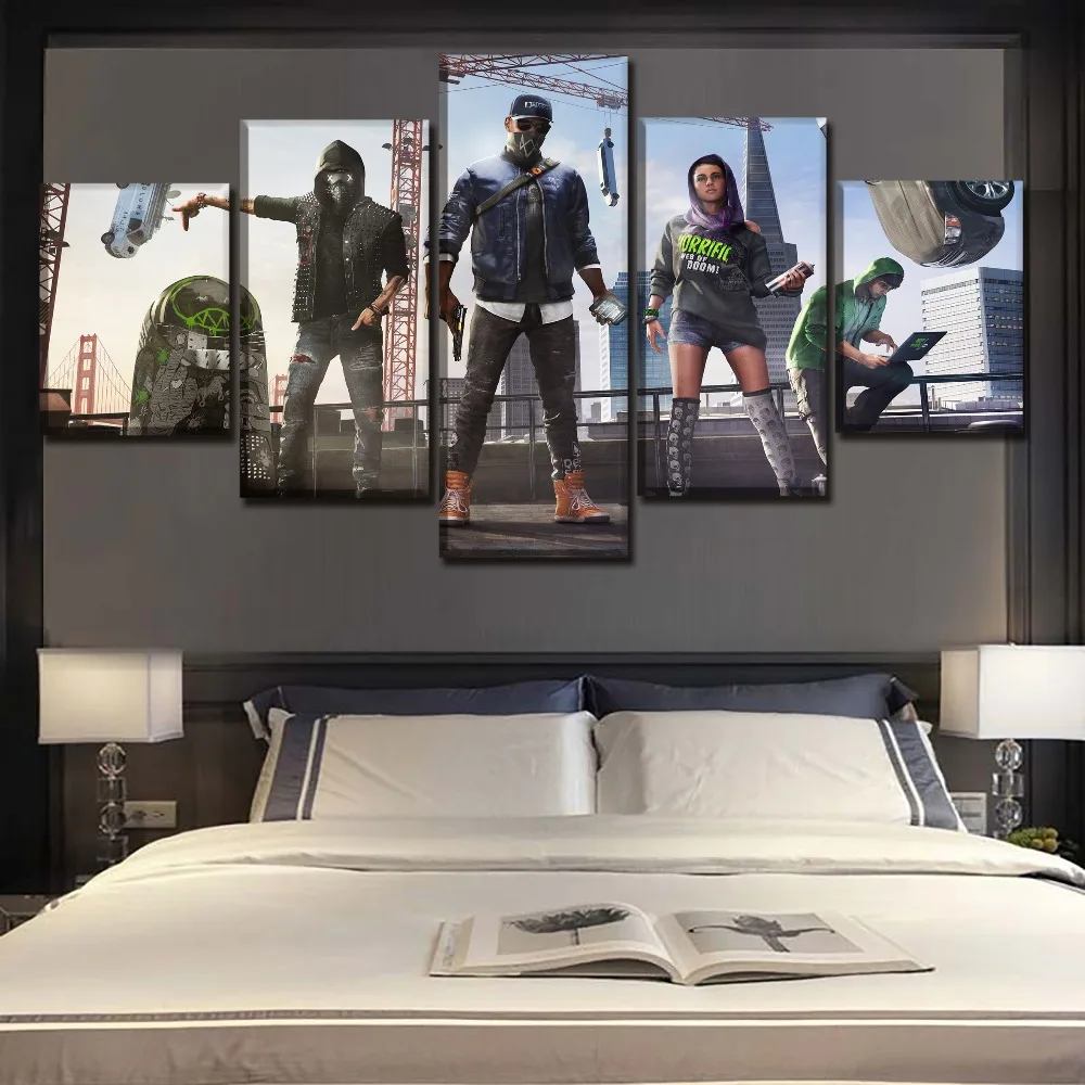 Домашнее украшение холст живопись печать 5 панелей игра часы собак 2 молодых