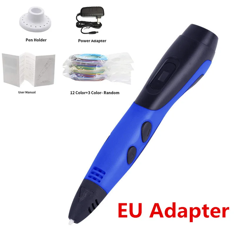 3D Ручка с 15 цветами, 48 метровым PLA нитью, ручка для печати, поддержка ABS и PLA, для детей, сделай сам, ручка для рисования с ЖК-дисплеем - Цвет: EU BLUE