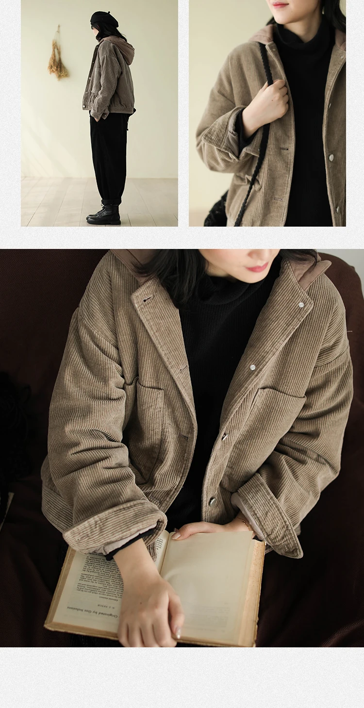 Winter jackets Women Retro Loose Thicker Corduroy Warm Coat New Hooded Button pocket Casual All-match jackets